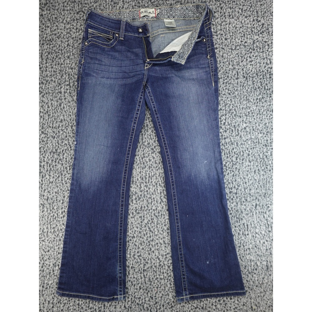 Ariat REAL Denim Jeans Womens 32R Blue Bootcut Paisley Waistband Mid Rise